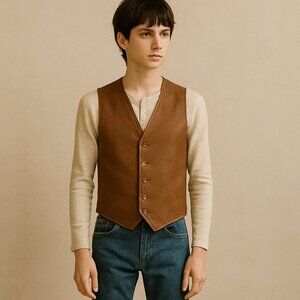 Vintage Handmade Faux Leather Western Vest O/S Floral Cotton Lining Brown Ranch